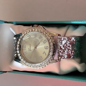 Geneva Silver Watch with Crystal Dial and sequin band NWOT